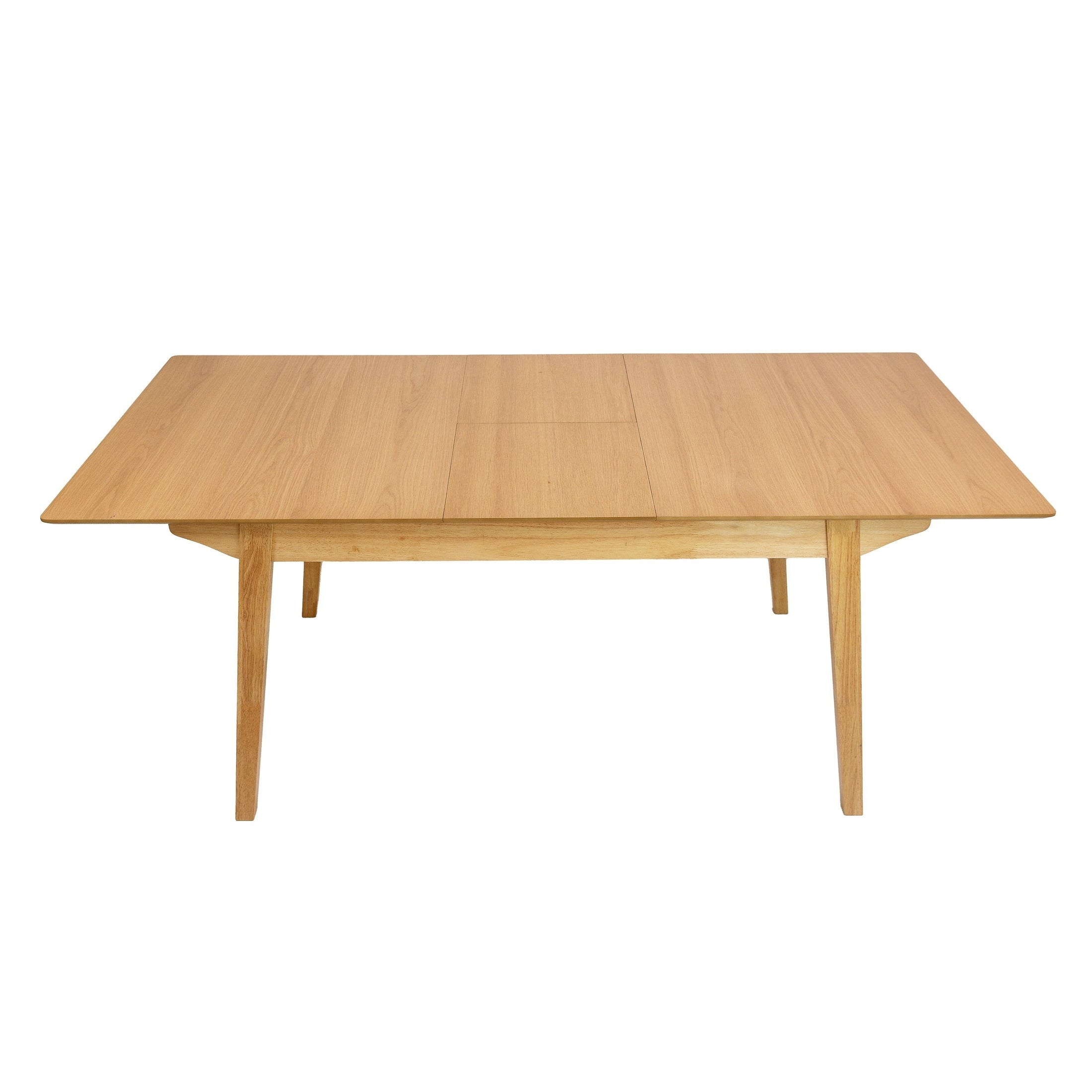 Front view of the Sonet extendable dining table in a natural oak finish featuring tapered legs and a minimalist rectangular silhouette