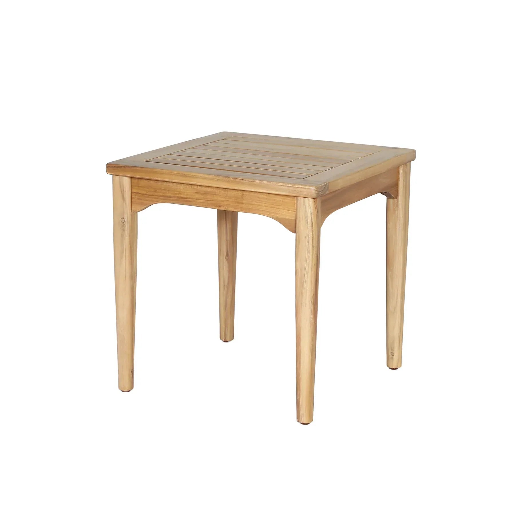 Perspective view from a high angle emphasizing the sturdy frame and the warm wood tones of the outdoor accent piece