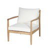 Sonoma outdoor club chair with teak frame and white cushions angled view