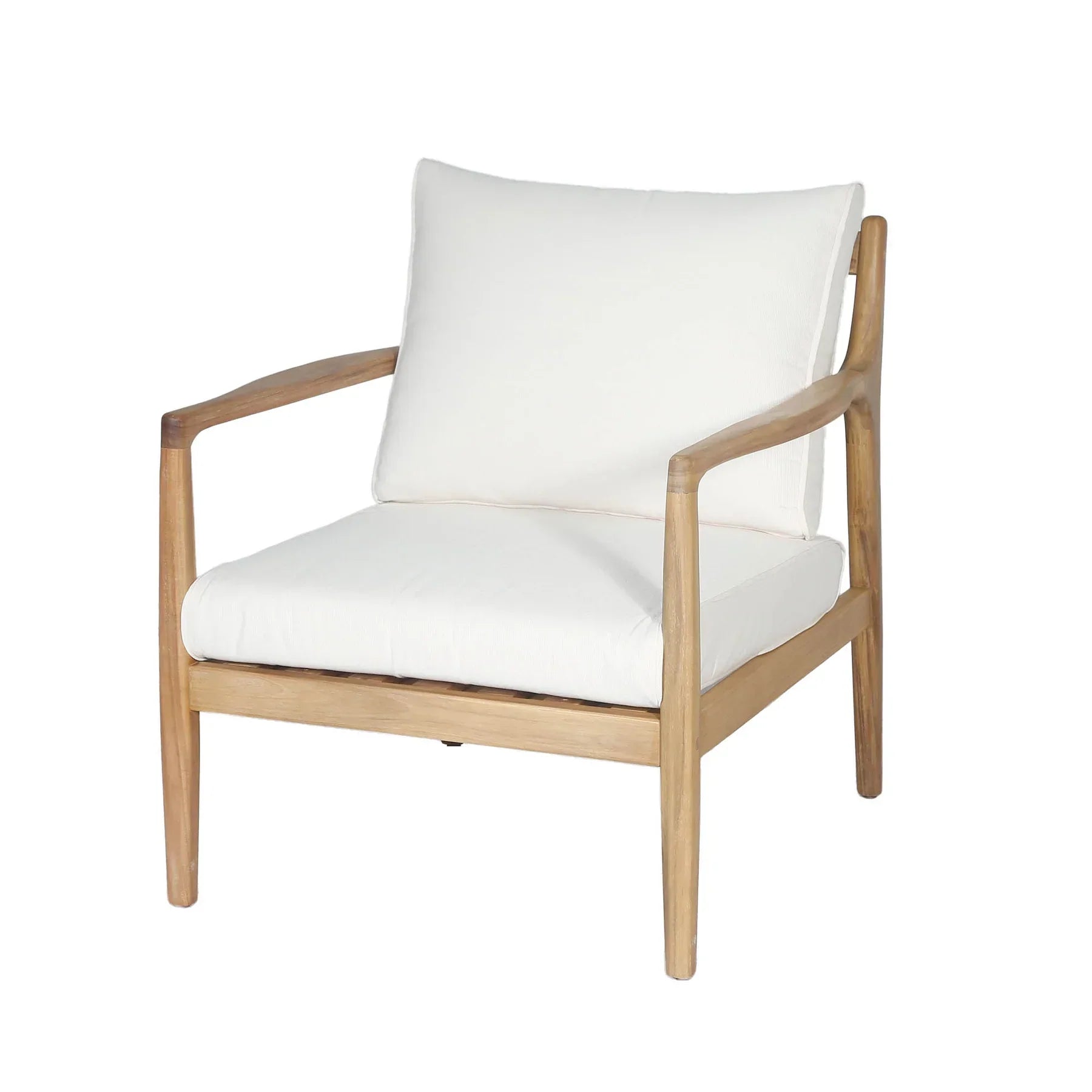 Sonoma outdoor club chair with teak frame and white cushions angled view