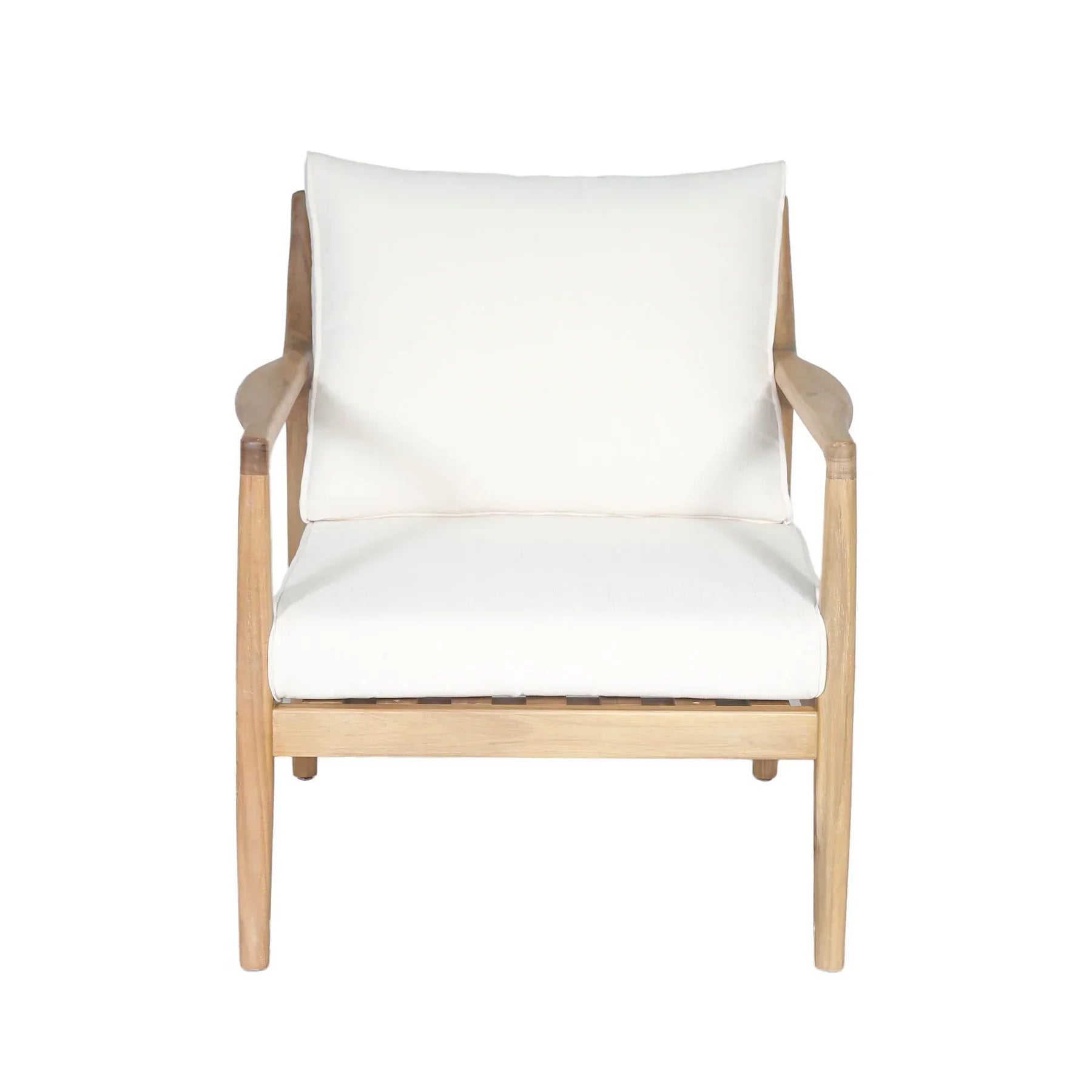 Sonoma outdoor club chair with teak frame and white cushions front view