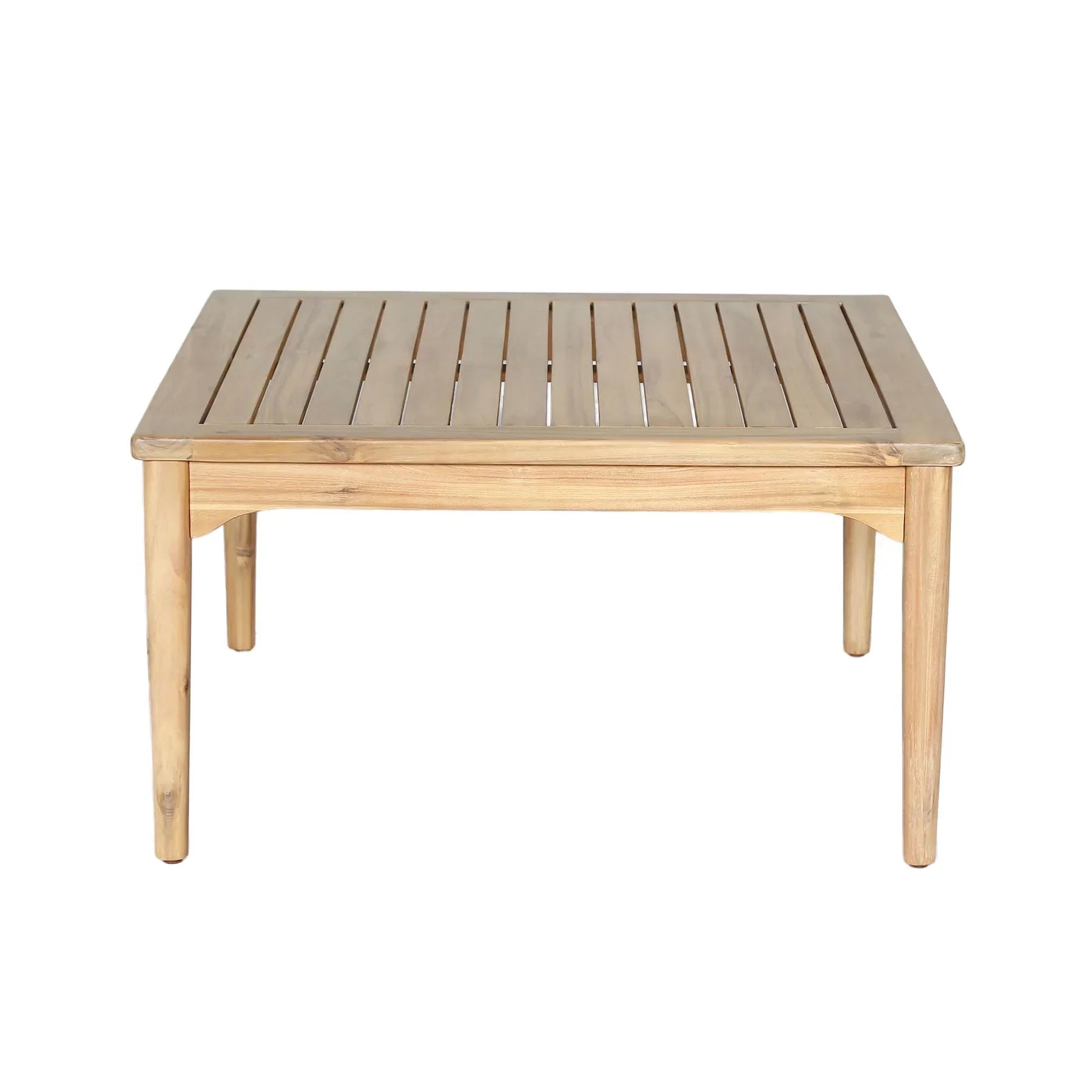 Direct view of the slatted wood tabletop design on the Sonoma square coffee table for proper drainage