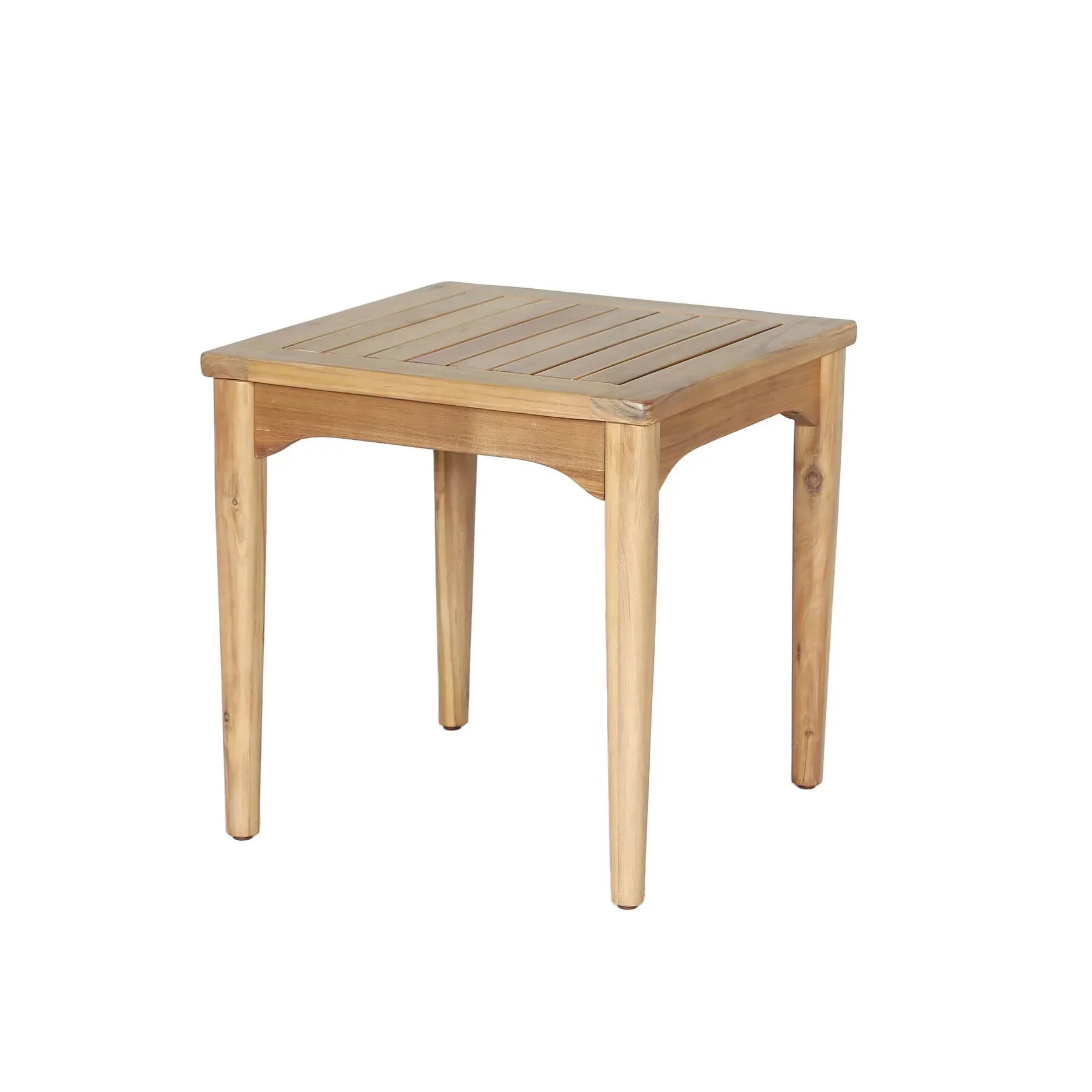 Three-quarter view of the Sonoma square outdoor side table featuring a slatted acacia wood top and tapered legs in a natural finish