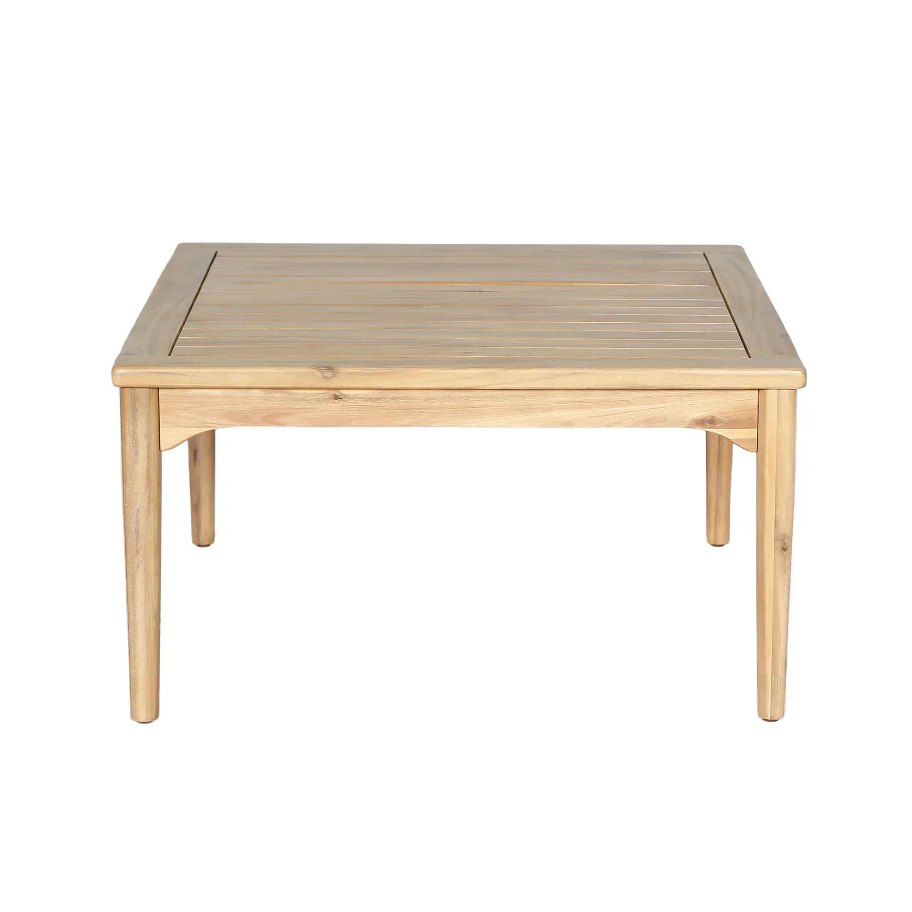 Front view of the Sonoma square outdoor coffee table crafted from solid teak wood with a natural finish
