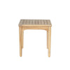 High-angle shot showcasing the horizontal wood slat design and the natural grain texture of the weather-resistant tabletop