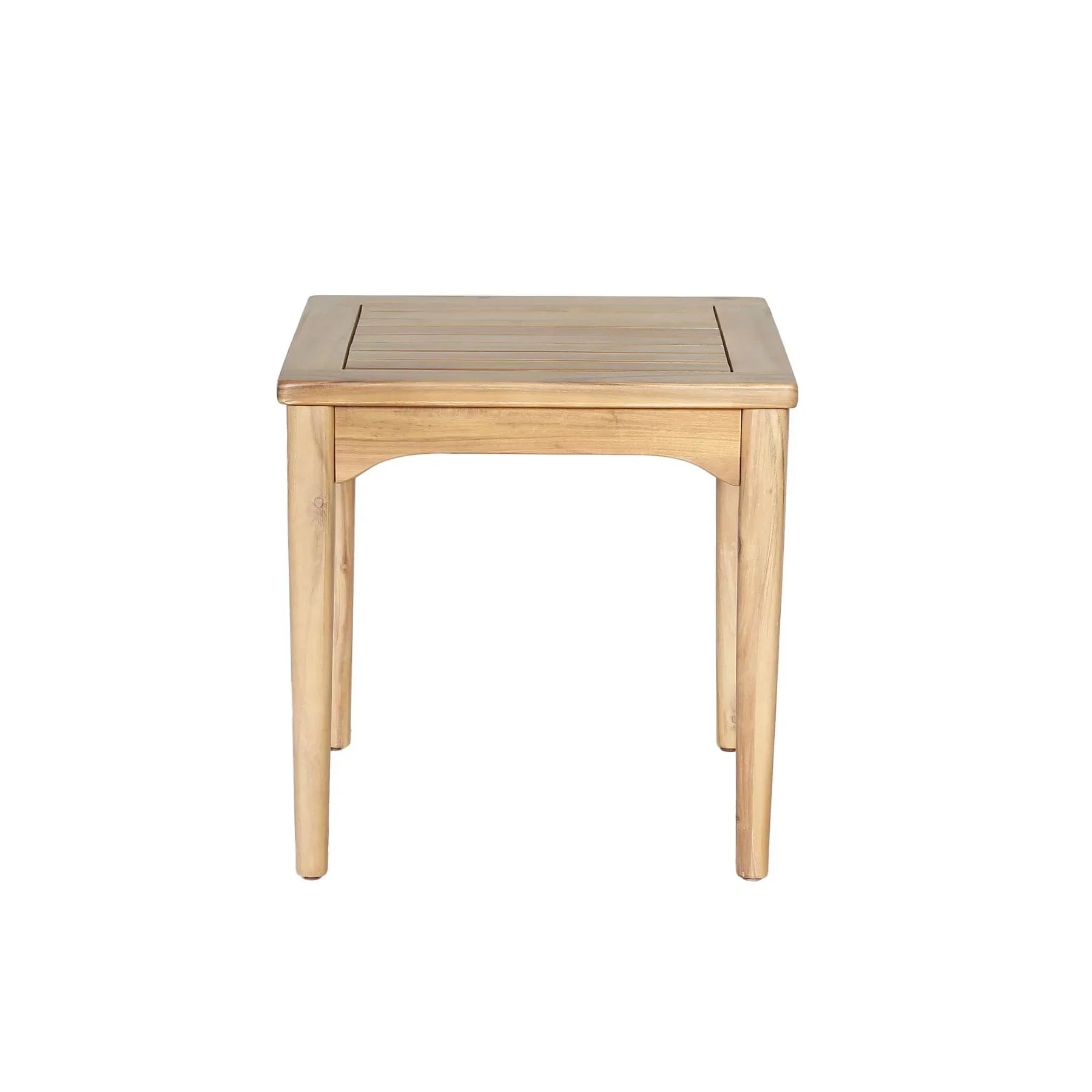 Straight-on front view highlighting the minimalist square silhouette and the durable slatted construction of the acacia wood table