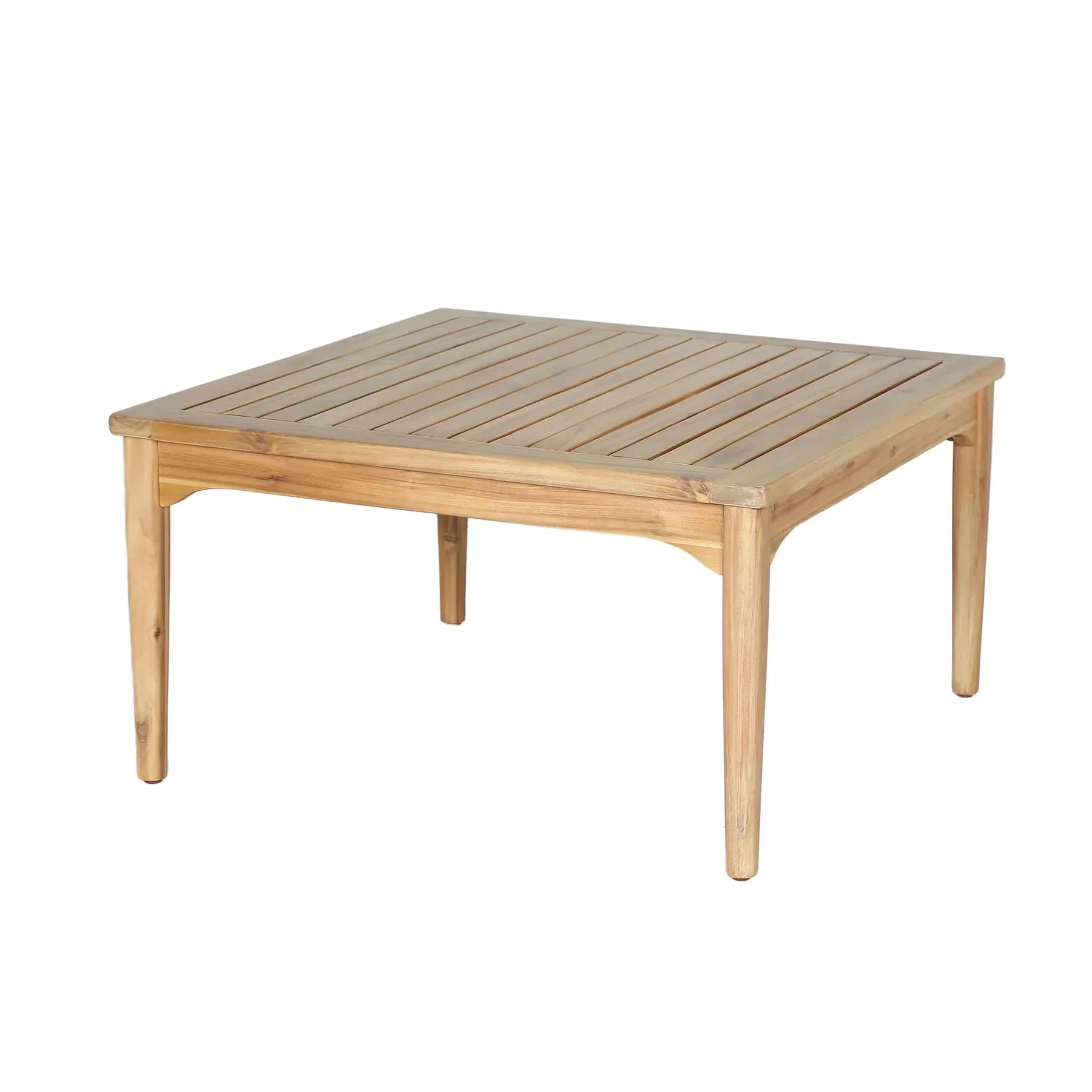 Side profile view showcasing the sturdy construction and slightly tapered legs of the solid wood coffee table