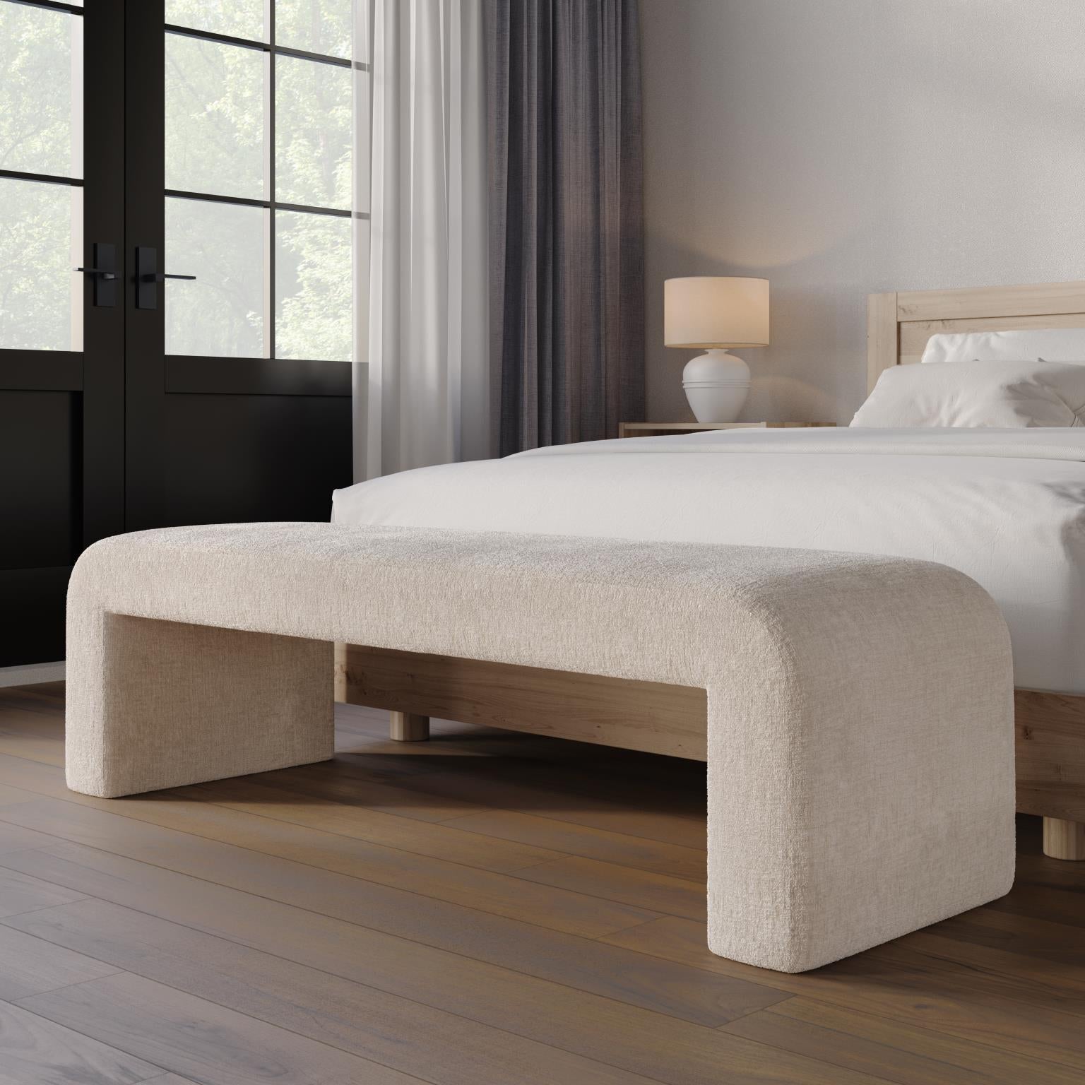 Front view of the Sophia large accent bench featuring a seamless waterfall silhouette and cream textured upholstery