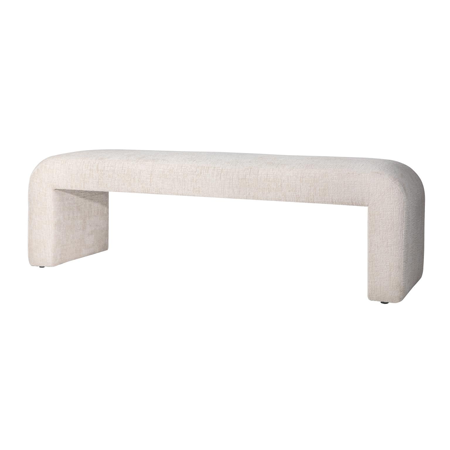 Front view of the Sophia large accent bench featuring a seamless waterfall silhouette and cream textured upholstery