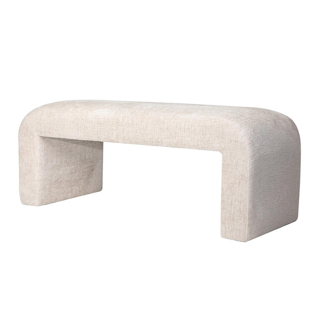 Front view of the Sophia small bench featuring a seamless waterfall silhouette and cream textured upholstery