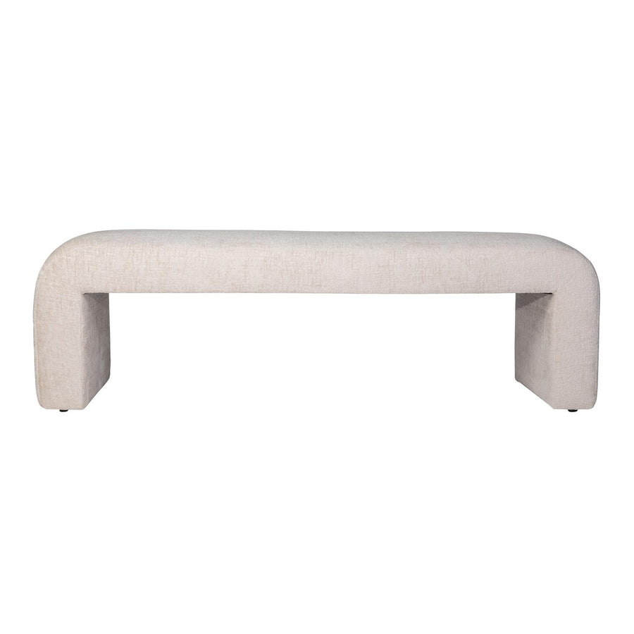 Front view of the Sophia large accent bench featuring a seamless waterfall silhouette and cream textured upholstery