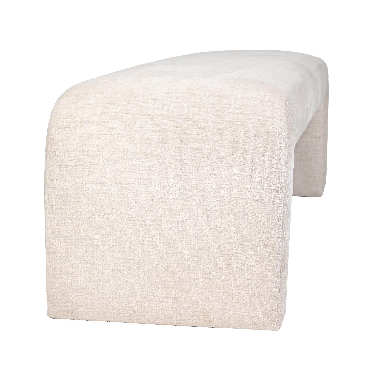 Front view of the Sophia large accent bench featuring a seamless waterfall silhouette and cream textured upholstery