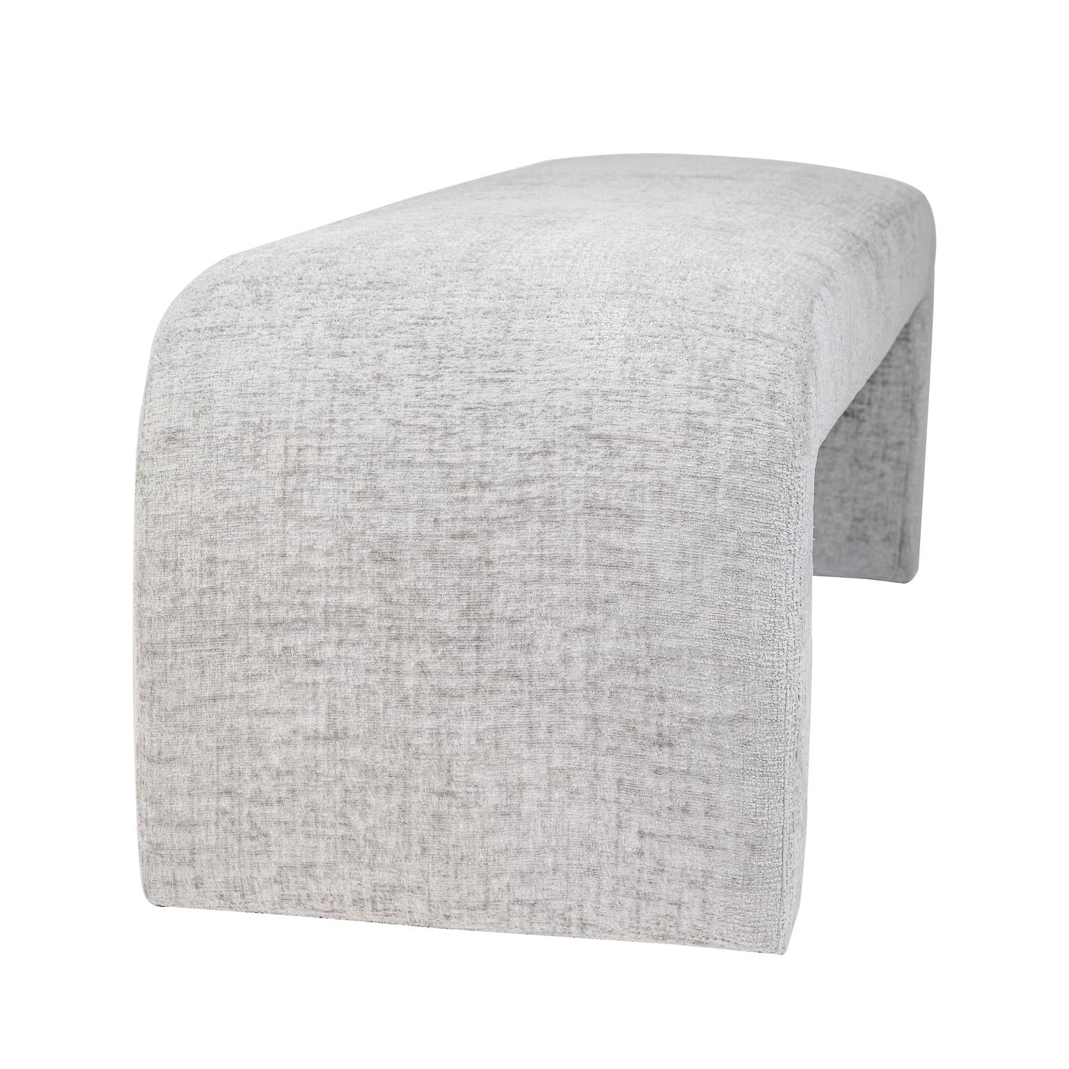 Front view of the Sophia large accent bench featuring a seamless waterfall silhouette and cream textured upholstery