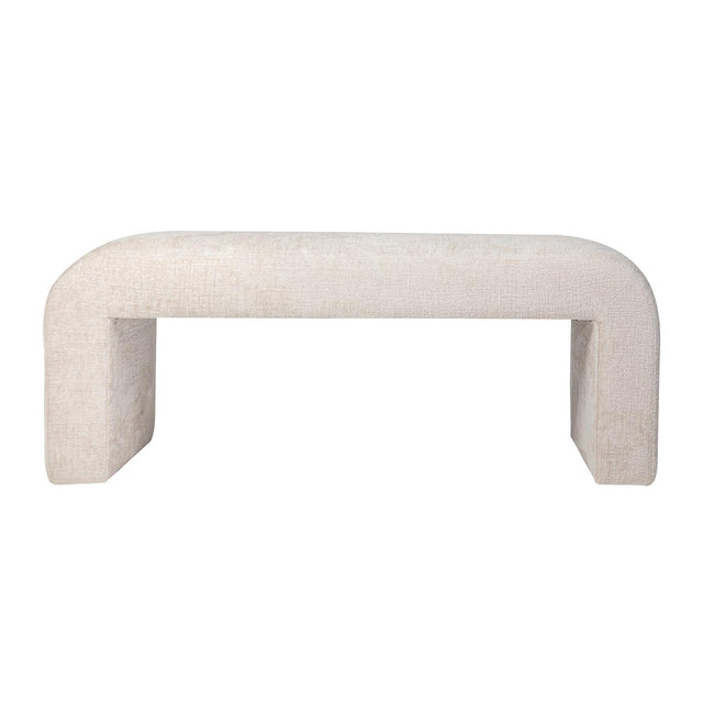 Front view of the Sophia small bench featuring a seamless waterfall silhouette and cream textured upholstery