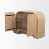 Sorina arched wood cabinet with open doors showing interior shelf storage