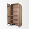 Front view with cabinet doors open to reveal four spacious light wood interior shelves and black hardware