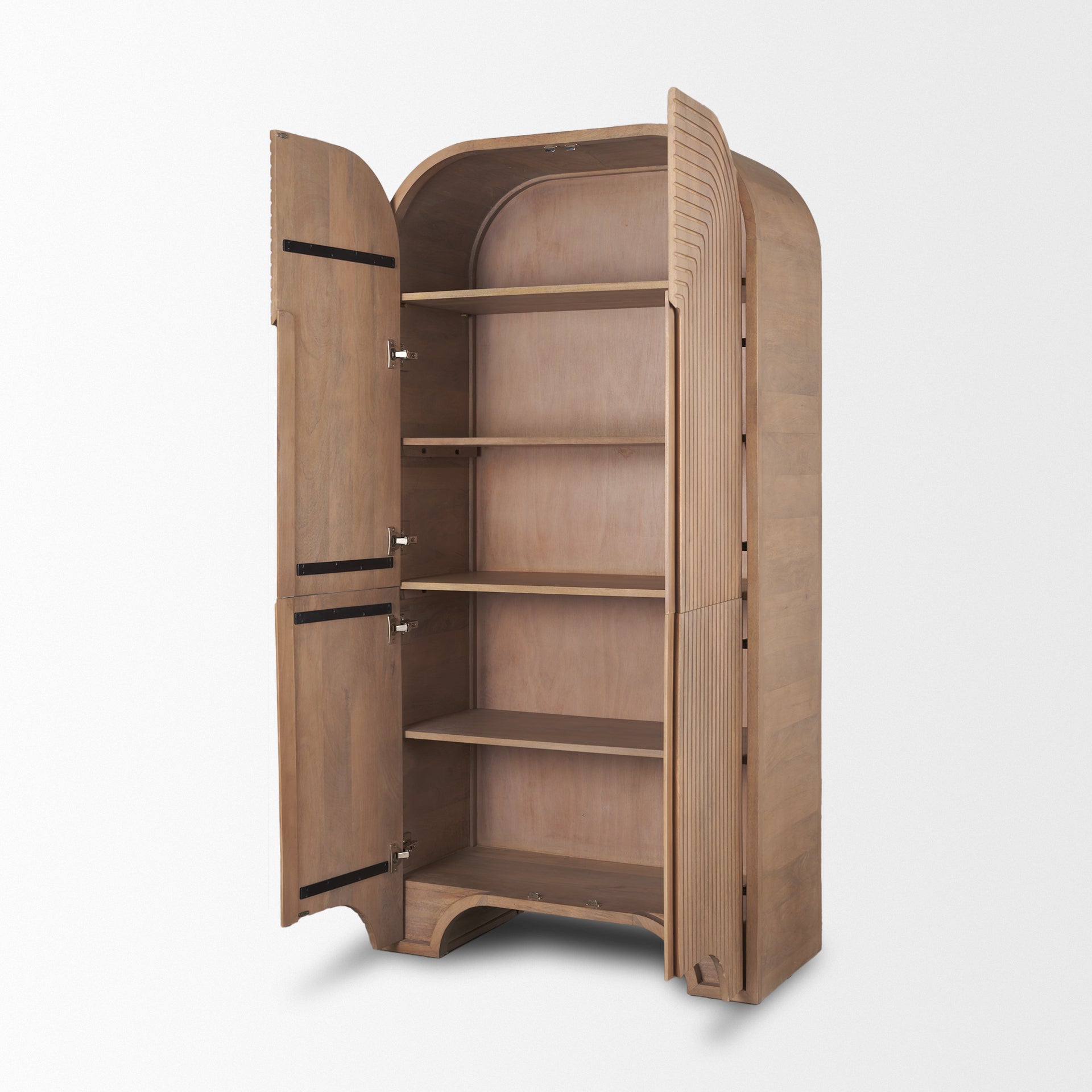 Front view of the Sorina curio cabinet featuring a light brown wood finish and a striking reverse fluted arched design