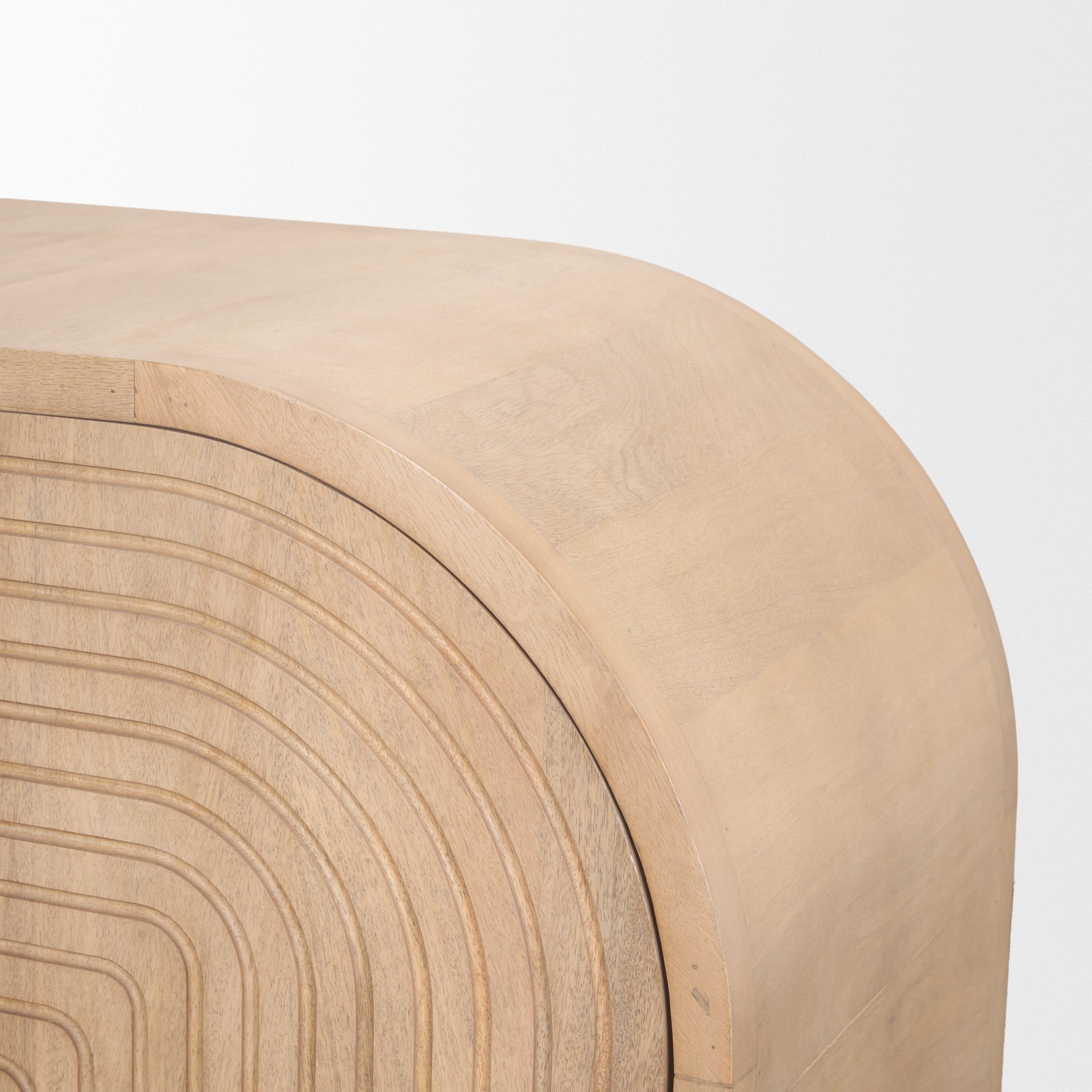 Sorina accent cabinet in light brown wood with reverse fluted arch pattern and curved top