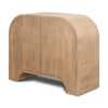 Three quarter angle view of Sorina curved wood cabinet with tiered arch design