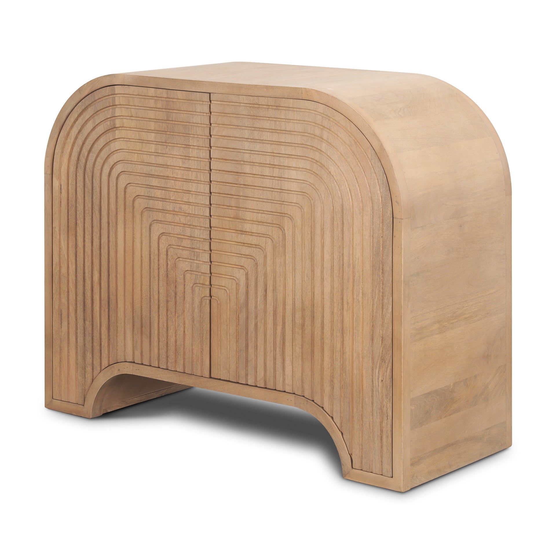 Sorina accent cabinet in light brown wood with reverse fluted arch pattern and curved top