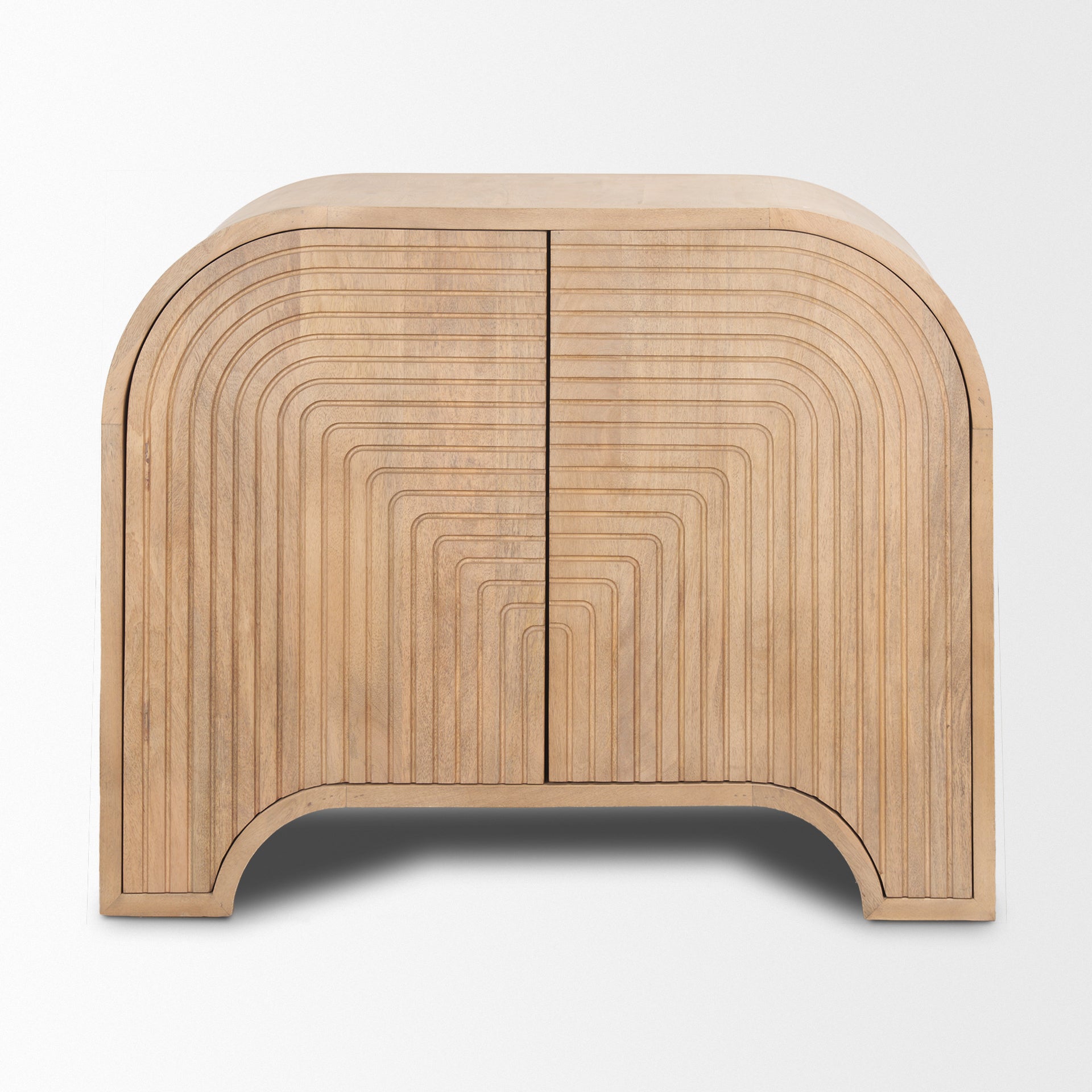 Sorina accent cabinet in light brown wood with reverse fluted arch pattern and curved top