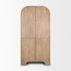 Front view of the Sorina curio cabinet featuring a light brown wood finish and a striking reverse fluted arched design