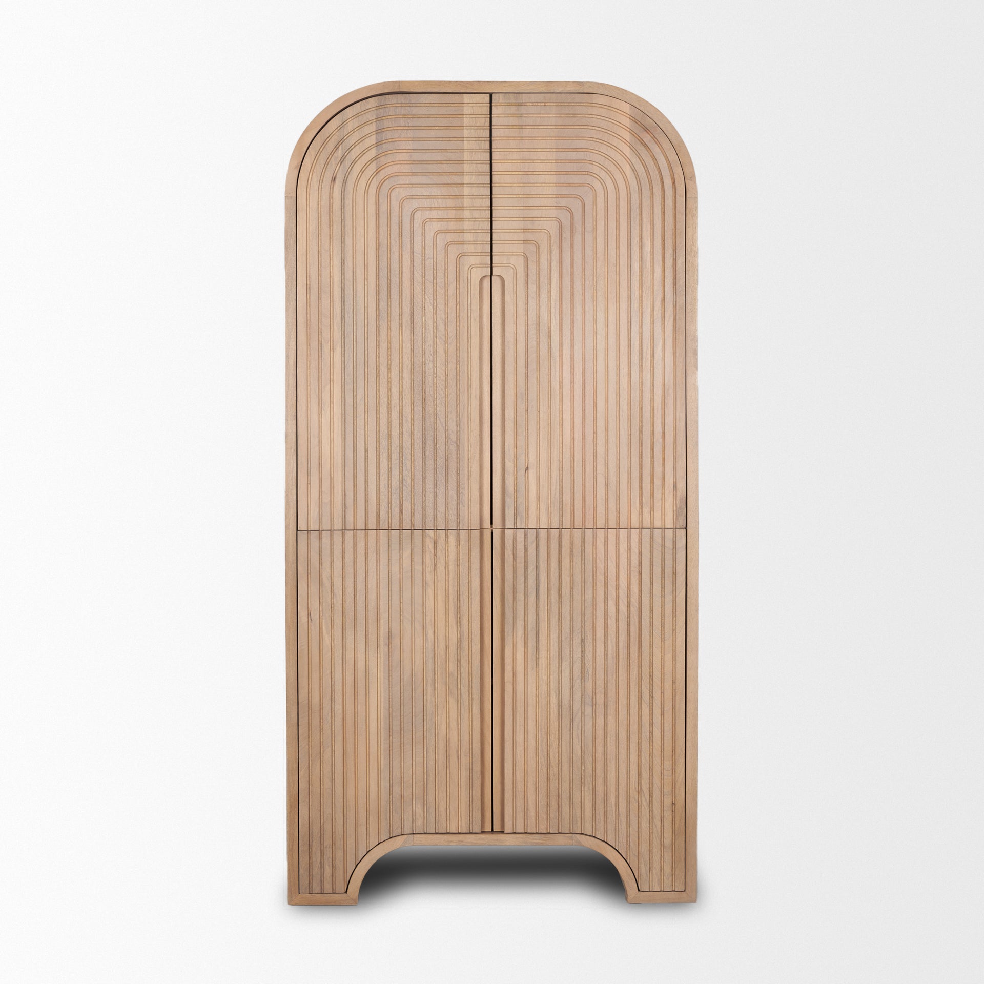 Front view of the Sorina curio cabinet featuring a light brown wood finish and a striking reverse fluted arched design