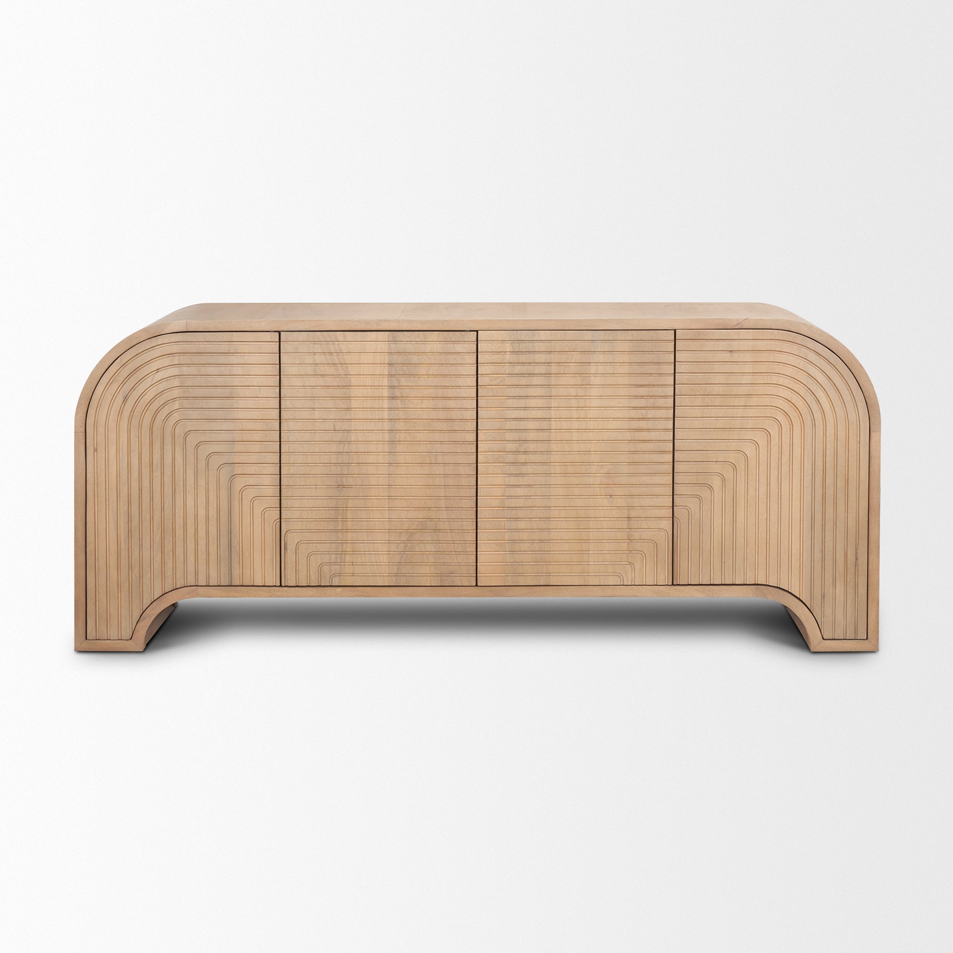 Front view of the Sorina sideboard featuring light brown wood construction with intricate reverse fluted door panels and an elegant arched base