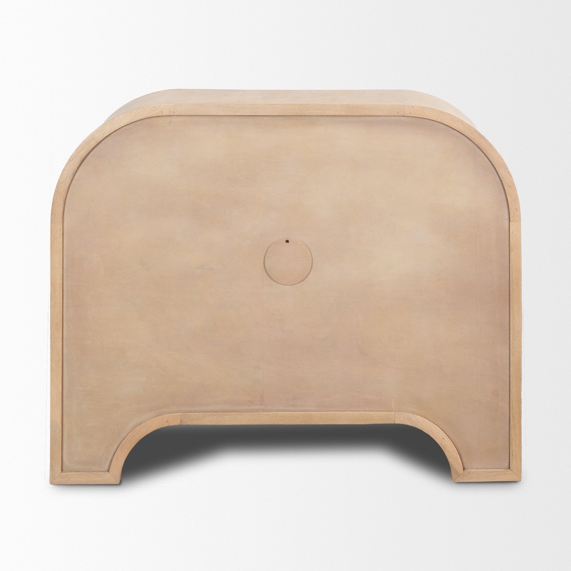 Sorina accent cabinet in light brown wood with reverse fluted arch pattern and curved top