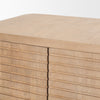 Detailed view of the smooth wood top surface on the Sorina accent cabinet
