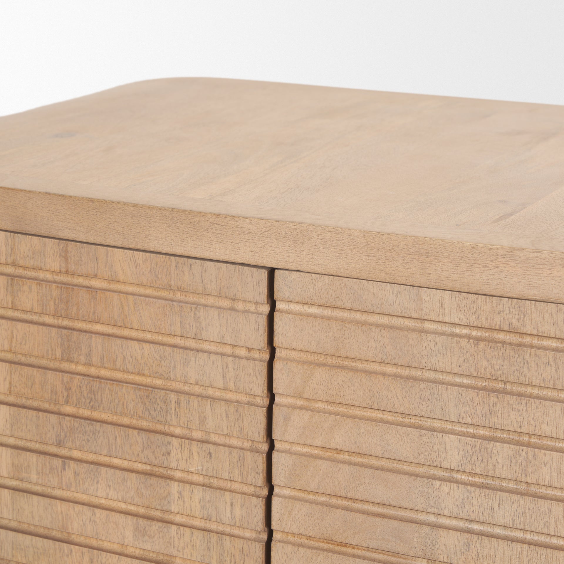 Sorina accent cabinet in light brown wood with reverse fluted arch pattern and curved top