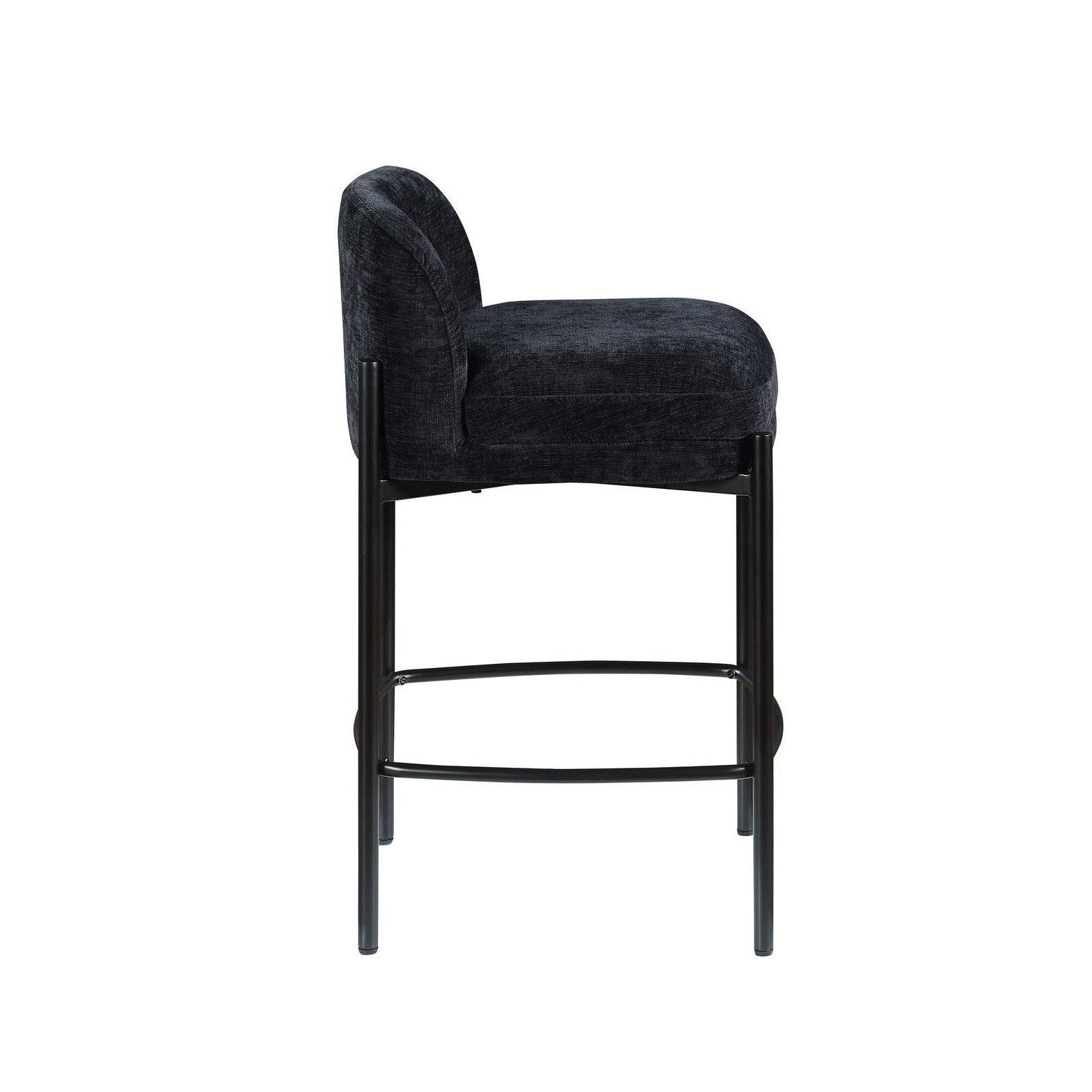 Front view of the Sorte counter stool in black textured fabric with a minimalist black metal frame