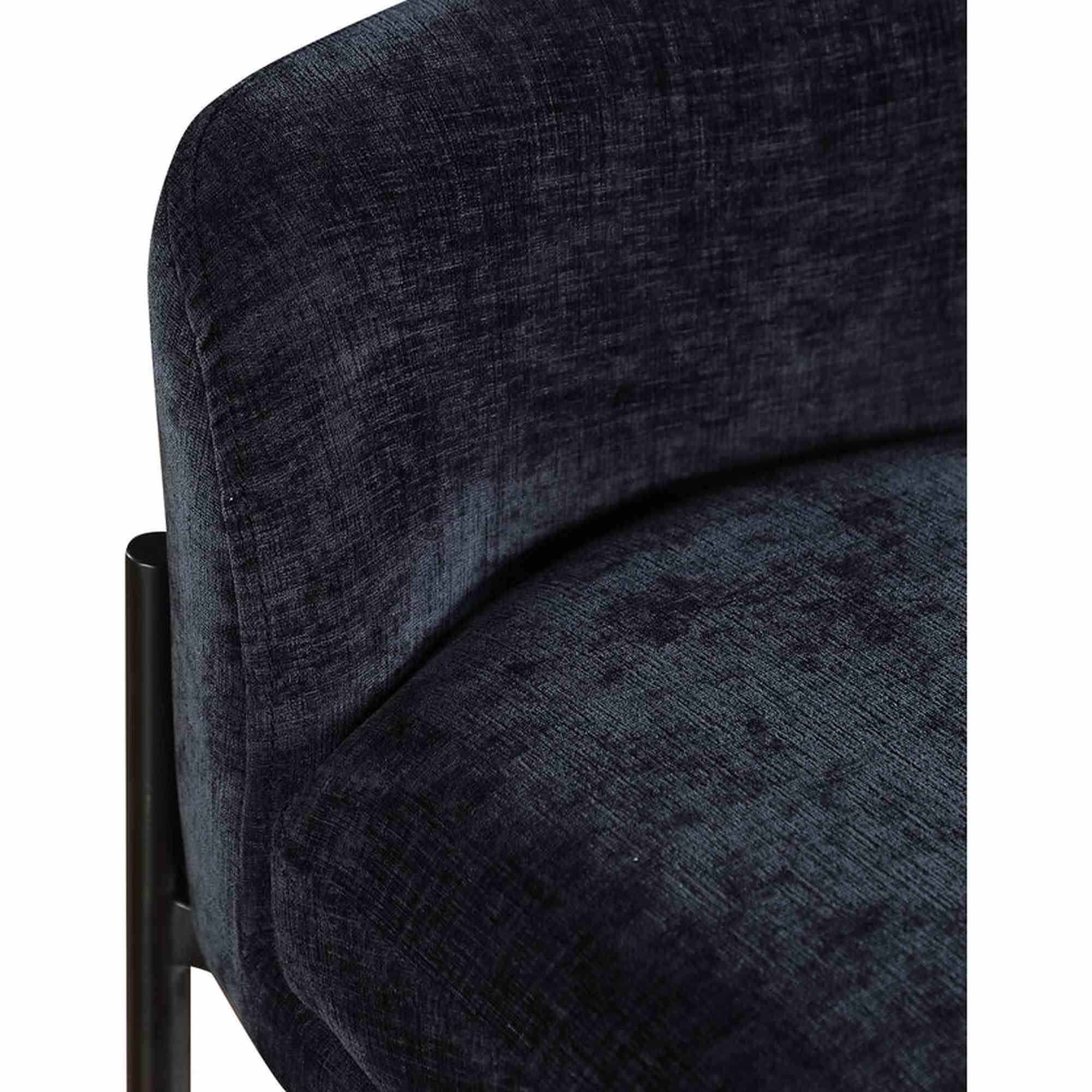 Front view of the Sorte counter stool in black textured fabric with a minimalist black metal frame