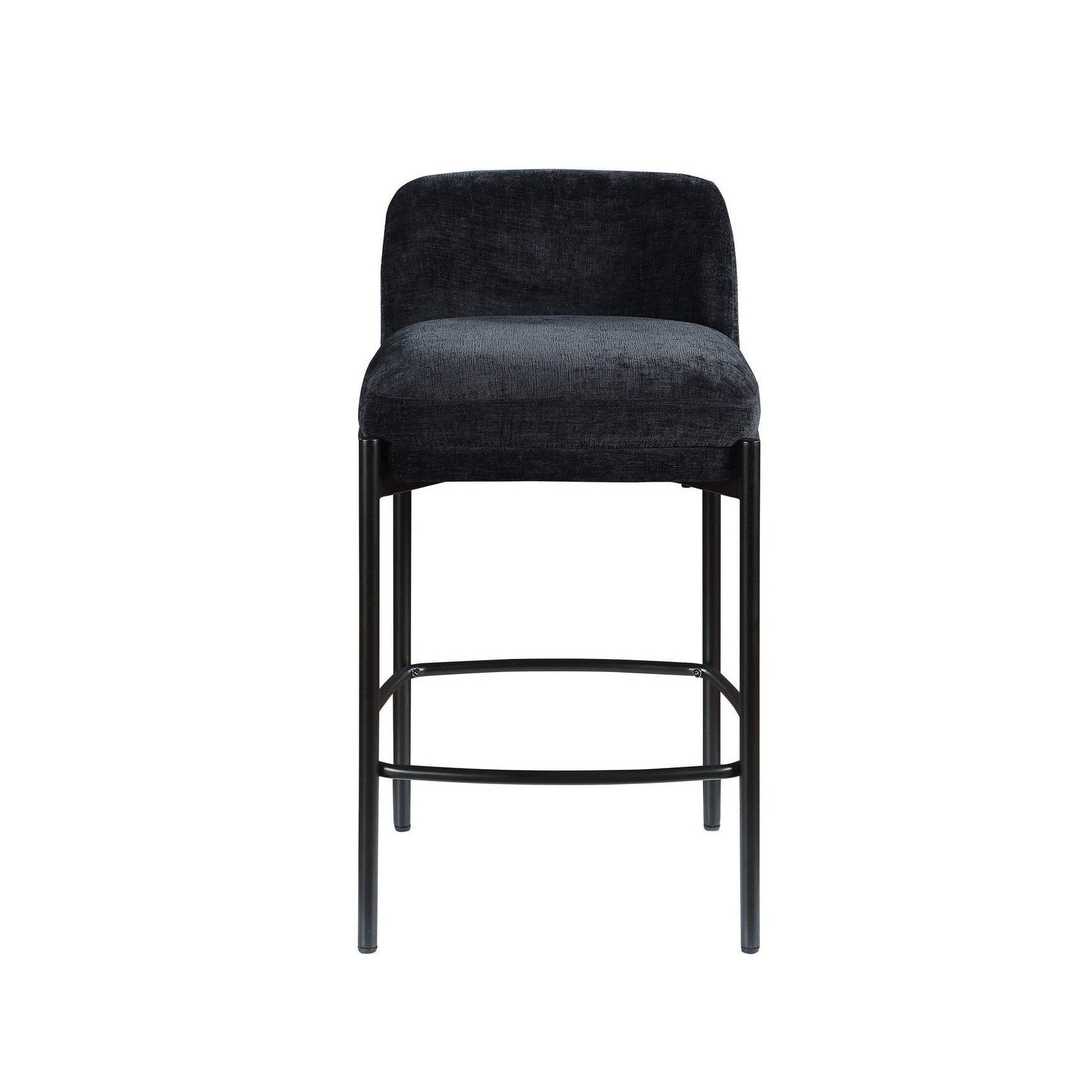 Front view of the Sorte counter stool in black textured fabric with a minimalist black metal frame