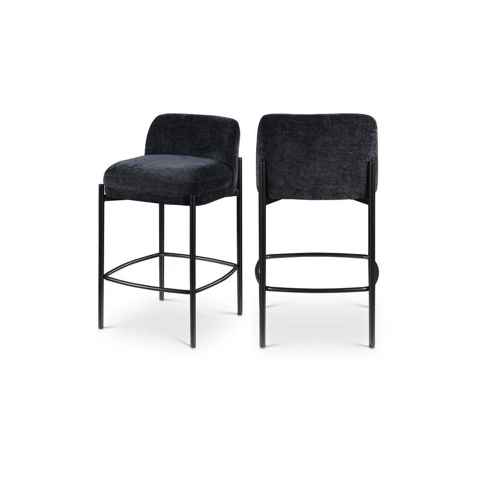 Front view of the Sorte counter stool in black textured fabric with a minimalist black metal frame