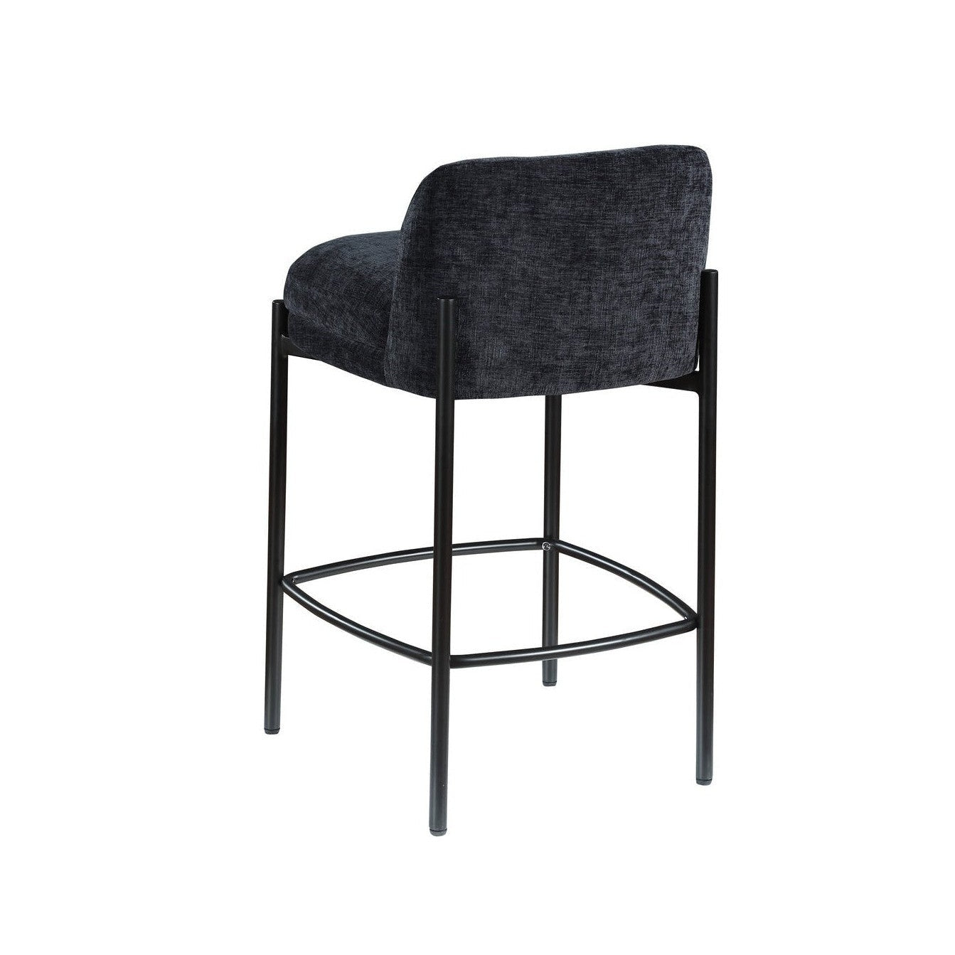 Front view of the Sorte counter stool in black textured fabric with a minimalist black metal frame