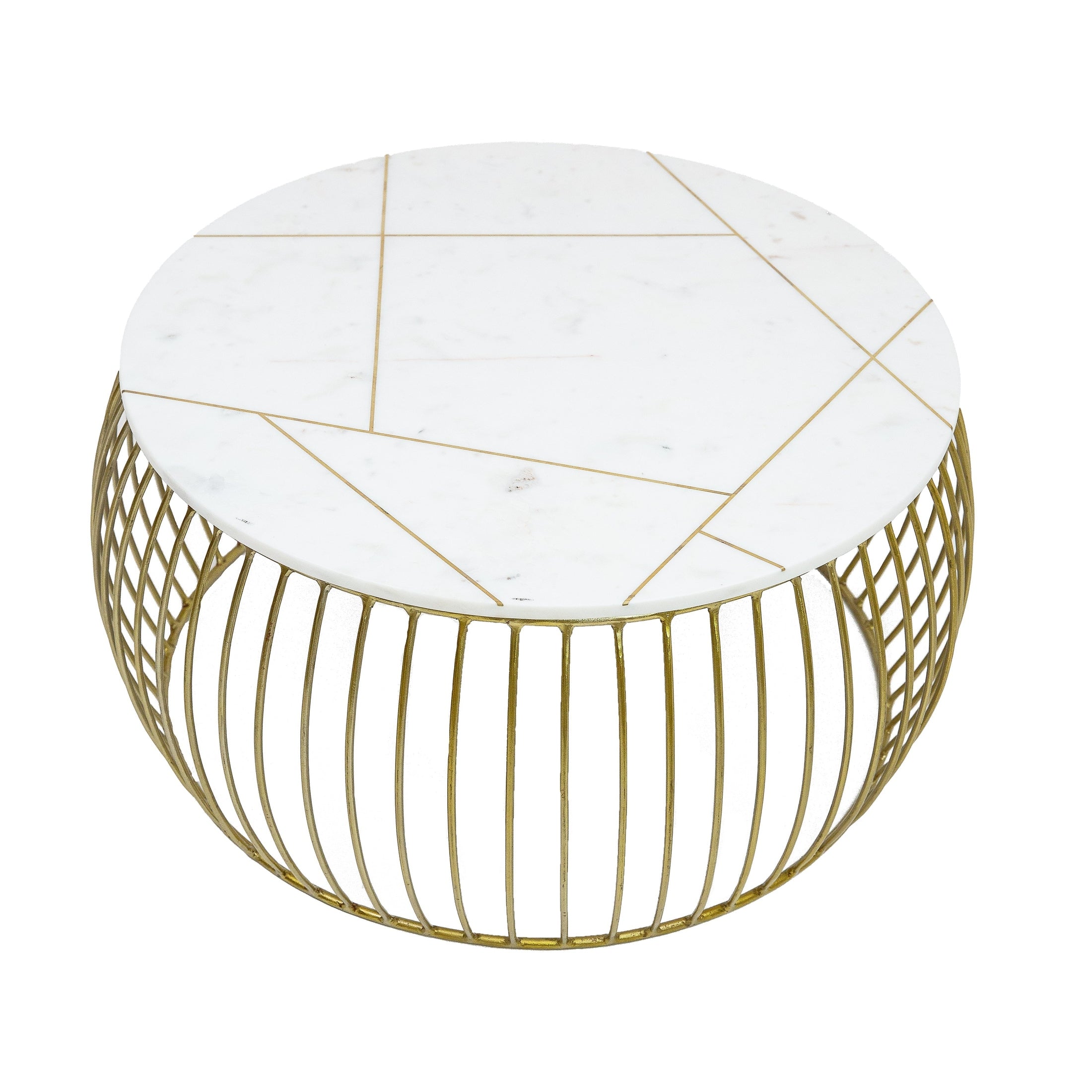 Front view of the Soto round coffee table featuring a white marble top with gold geometric inlays and a gold wire metal birdcage base