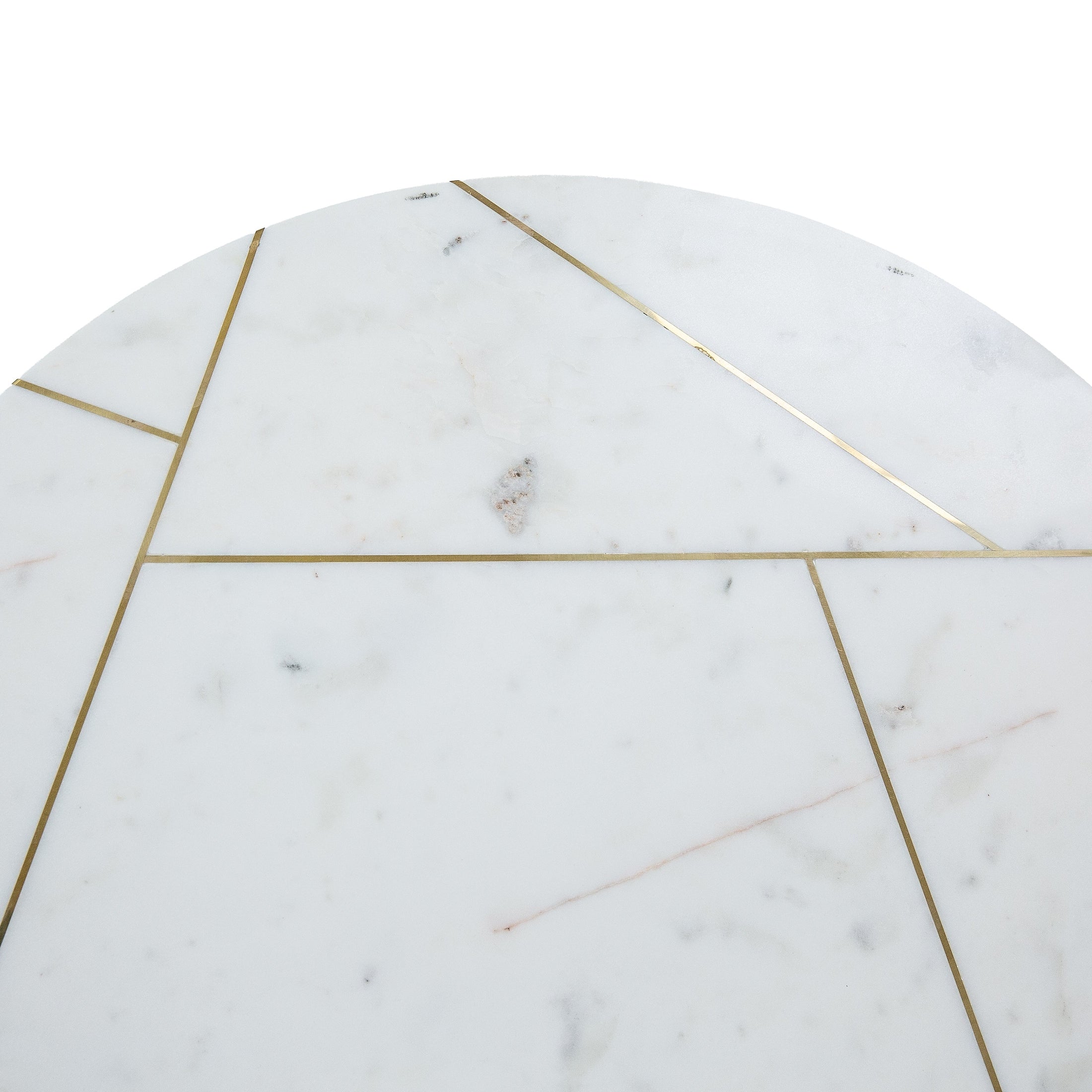 Close-up shot highlighting the precise gold metal geometric line inlays across the white marble surface