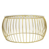 Straight-on eye-level view showcasing the elegant curved silhouette of the gold wire base and thin marble top