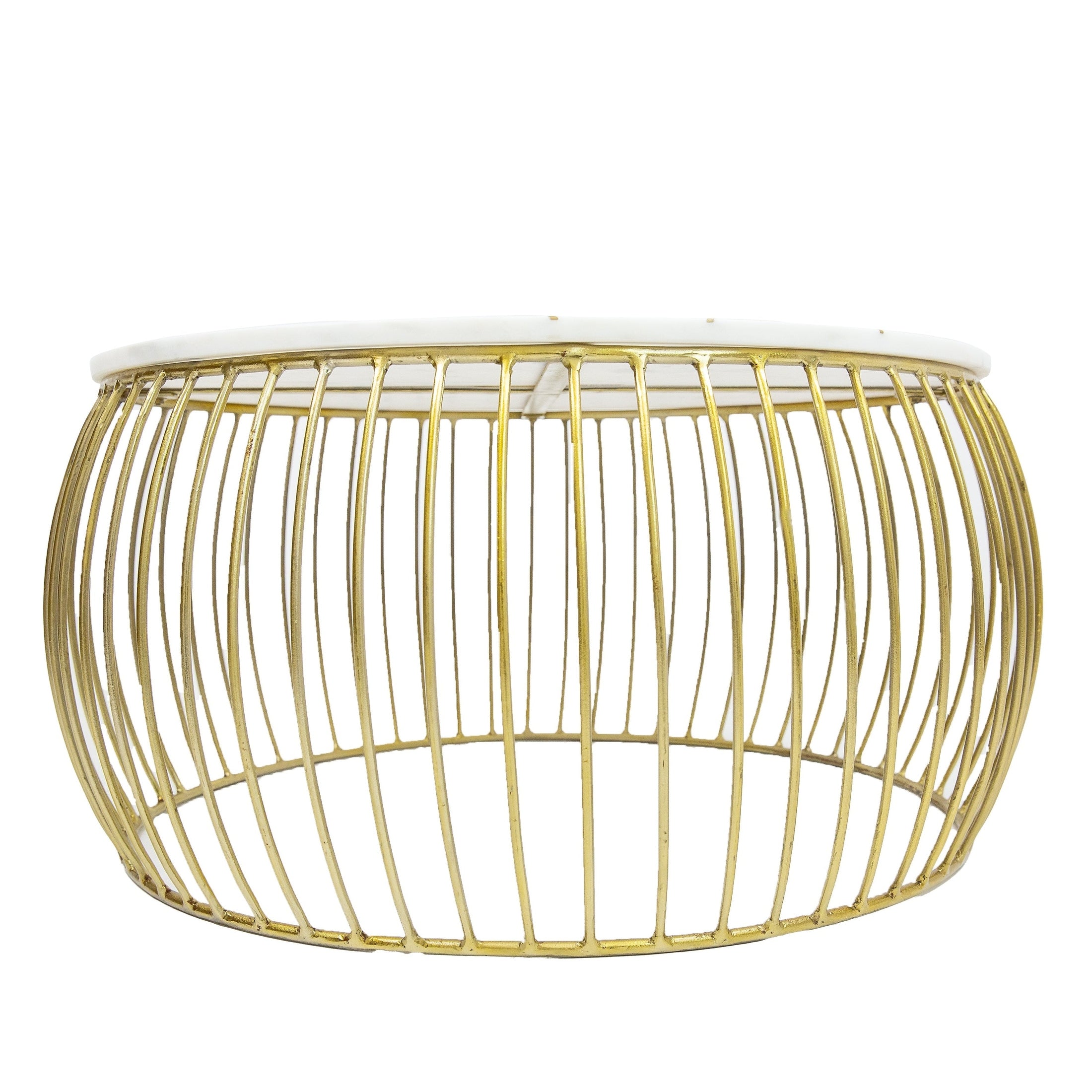Straight-on eye-level view showcasing the elegant curved silhouette of the gold wire base and thin marble top