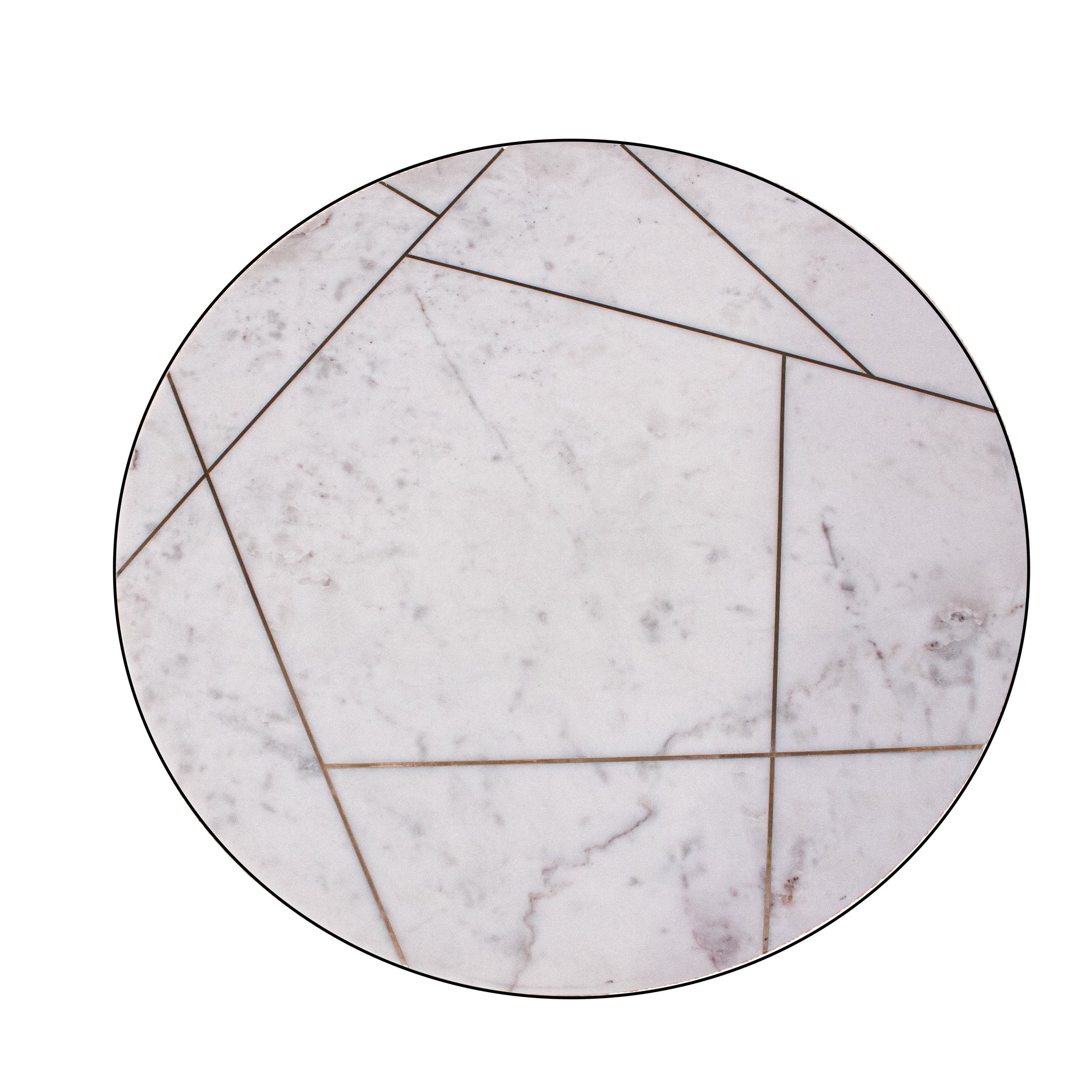 Direct overhead view of the circular marble tabletop showcasing the complete geometric gold inlay design