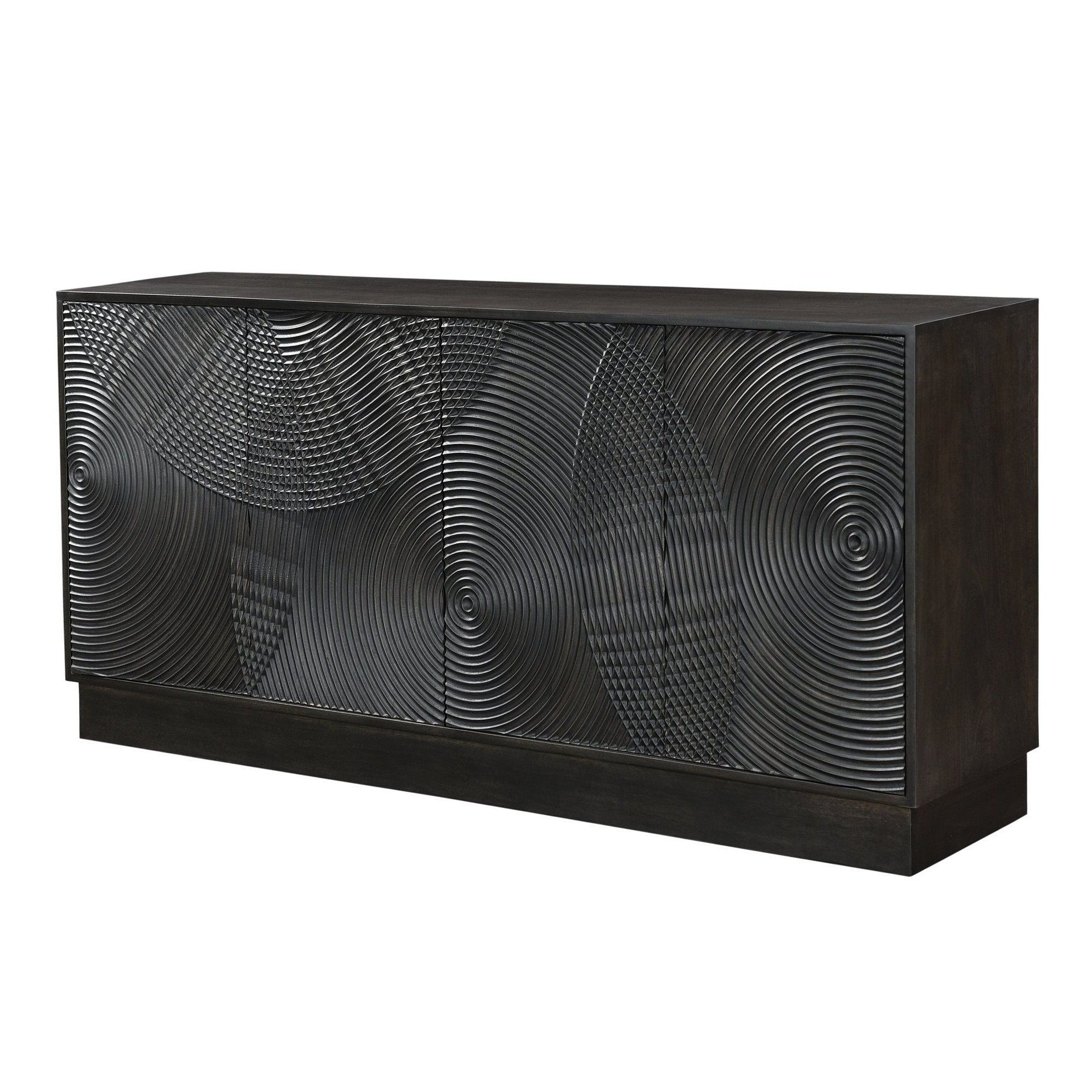 Three-quarter perspective view of the Spiral sideboard featuring a matte black finish and intricate circular relief carvings across four doors