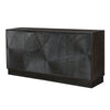 Three-quarter perspective view of the Spiral sideboard featuring a matte black finish and intricate circular relief carvings across four doors