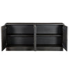 Front view with cabinet doors open revealing a spacious black wood interior with a full-length fixed storage shelf