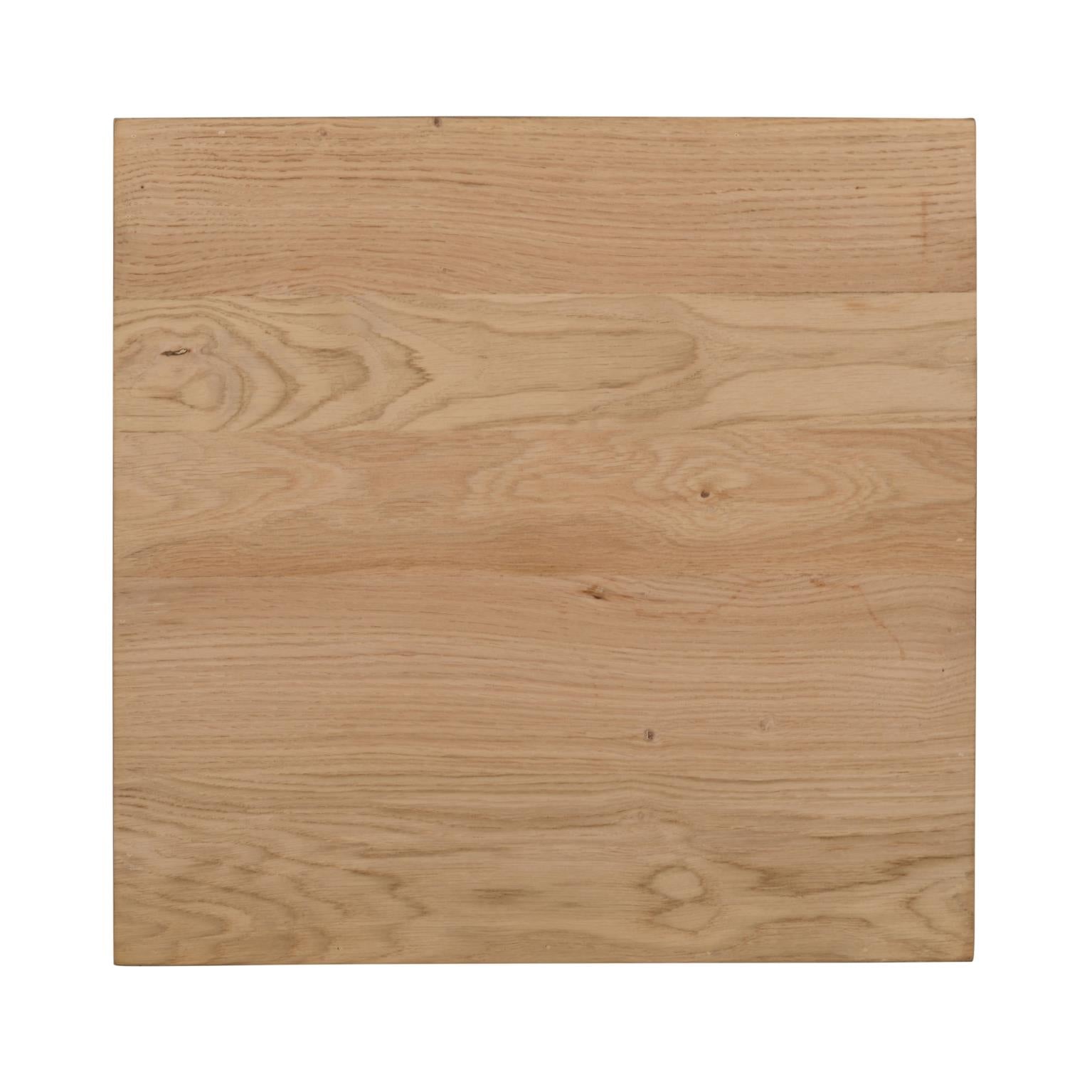 Front view of the Archimedes end table featuring a square top and a unique sculptural base with deep architectural arches crafted from light natural oak