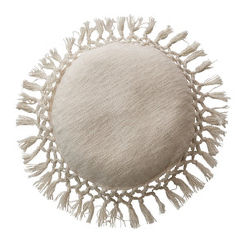 16" Round Cotton Slub Pillow w/ Crochet & Fringe, Cream Color