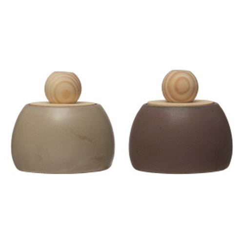 Stoneware Canister w/ Pine Wood Lid & Knob Handle - Reactive Glaze