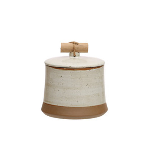 Stoneware Canister w/ Pine Wood & Jute Handle - Beige