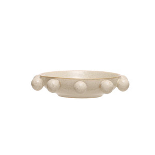 9-3/4"L x 9-1/4"W x 2"H Stoneware Bowl w/ Orbs, Reactive Glaze, Cream Color Speckled (Each One Will Vary)