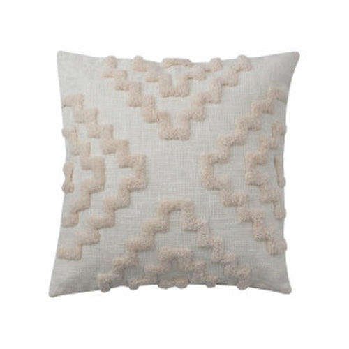 Square Cotton Tufted Pillow W/ Pattern & Chambray Back